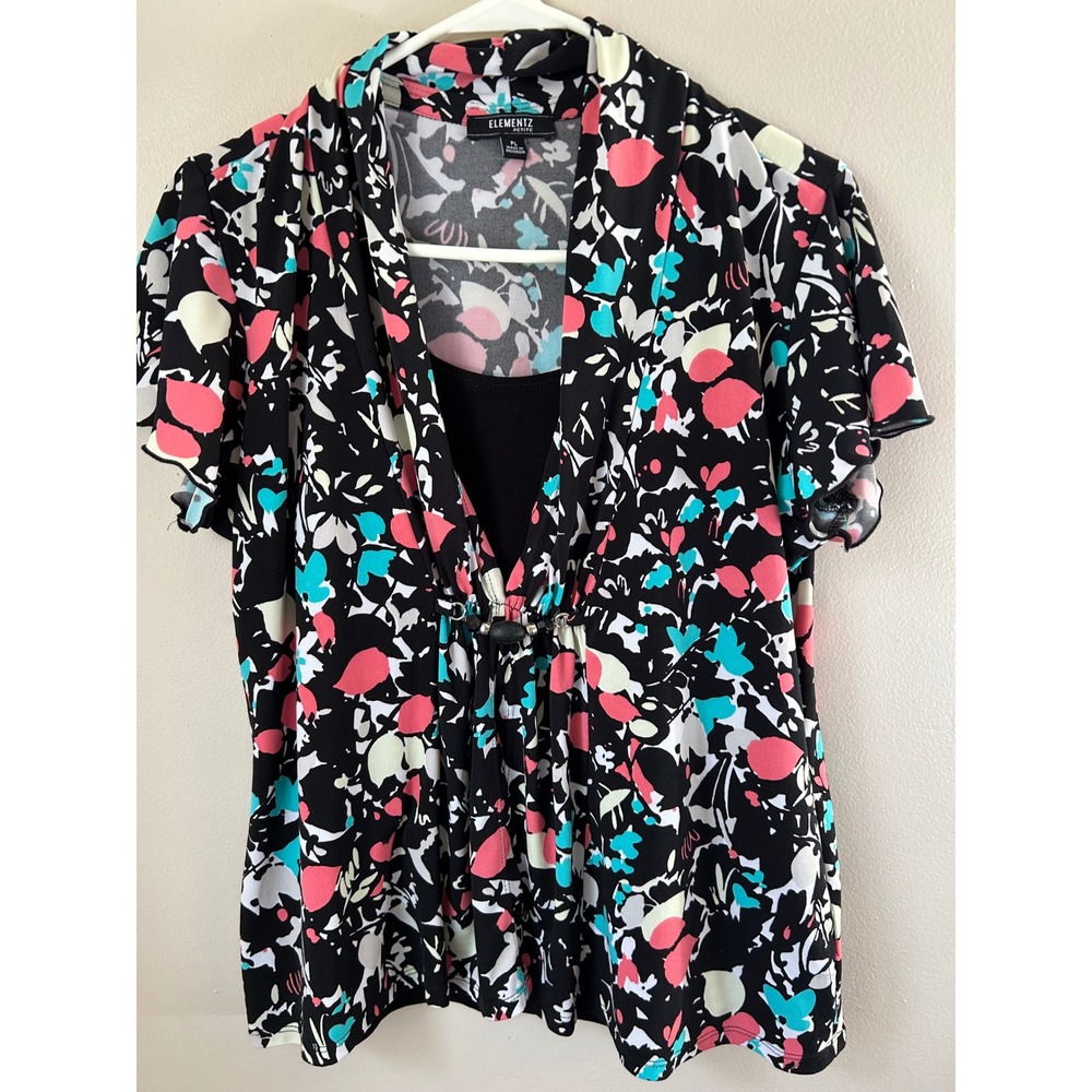 Y2K Elementz Petite Floral Print Layered Look Blouse Retro Indiesleeze Office